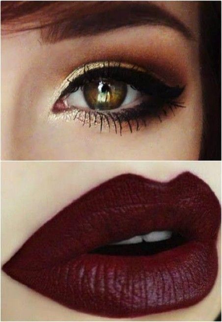 Maquillaje intenso con ojos ahumados y labios burdeos